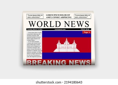 Cambodia country newspaper with flag, breaking news on newsletter, Cambodia news concept, gazette page with headline, journal with country flag, reading newspaper, streamer headline