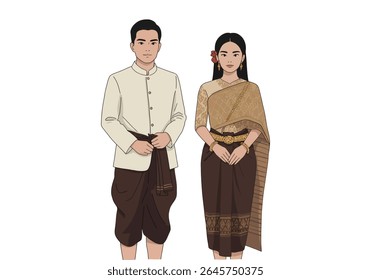 Cambodia Couple in Traditional Dress, Art Pattern, Vector Flat Background