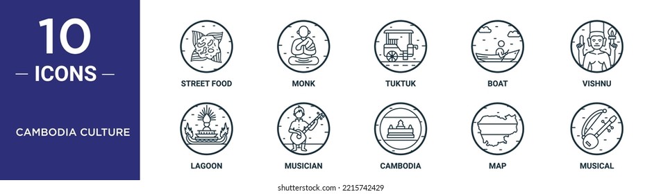 Cambodia Culture Outline Icon Set Includes Thin Line Street Food, Monk, Tuktuk, Boat, Vishnu, Lagoon, Musician Icons For Report, Presentation, Diagram, Web Design