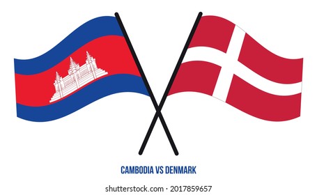 Cambodia and Denmark Flags Crossed And Waving Flat Style. Official Proportion. Correct Colors.