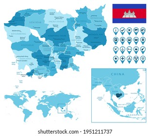 Cambodia detailed administrative blue map with country flag and location on the world map.