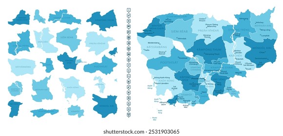 Kambodscha - detaillierte Karte des Landes in blauen Farben, unterteilt in Regionen. Infografik-Symbole. Vektorgrafik.