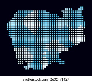 Cambodia dotted map. Digital style map of the country on dark background. Cambodia shape with square dots. Colored dots style. Large size squares. Creative vector illustration.