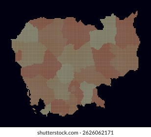 Cambodia dotted map. Digital style map of the country on dark background. Cambodia shape with square dots. Colored dots style. Small size squares. Abstract vector illustration.