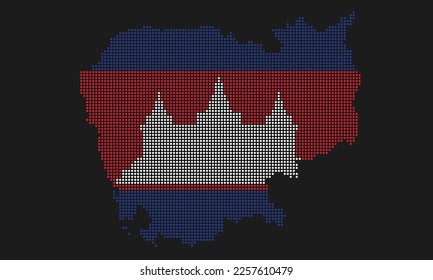 Kambodscha hat die Kartenflagge mit Grunge-Textur im Mosaik-Dot-Stil gestrichen. Abstrakte Pixelvektorgrafik einer Landkarte mit Halbfone-Effekt für Infografik. 