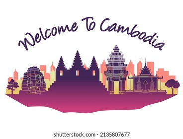 cambodia famous landmark silhouette style with text inside,vector illustration