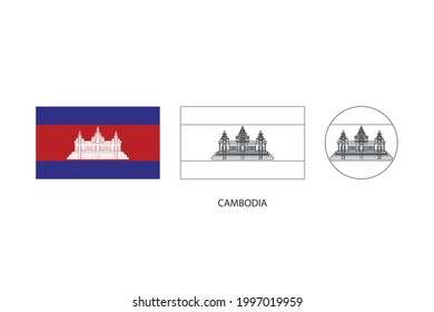 Cambodia flag 3 versions, Vector illustration, Thin black line of rectangle and the circle on white background.