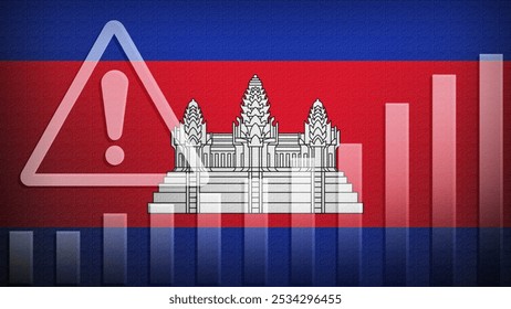 Cambodia flag with burlap texture, warning sign, and rising bar chart symbolizing increasing risk or growth challenges in the country. Ideal for data presentations.