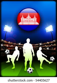 Cambodia Flag Button with Soccer Match in Stadium Original Illustration