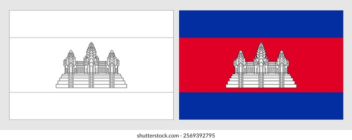 Cambodia flag - coloring page. Set of white wireframe thin black outline flag and original colored flag.