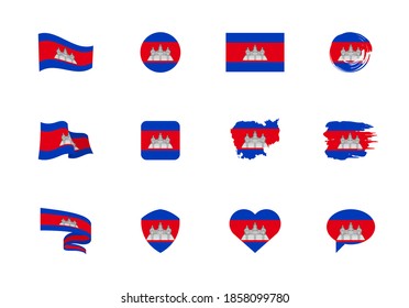 Cambodia flag - flat collection. Flags of different shaped twelve flat icons. Vector illustration set