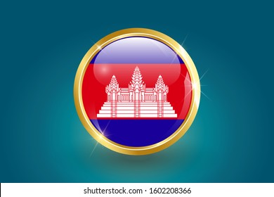 Cambodia flag in the form of a circle, can be used for independence day or other events. Cambodia icon gold glossy badge button with Cambodia flag and shadow on light background. vector illustration. 