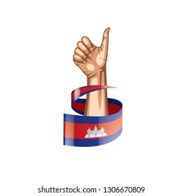 Cambodia flag and hand on white background. Vector illustration