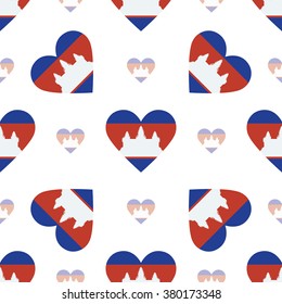 Cambodia flag heart seamless pattern. Patriotic Cambodia flag background. Country flag in the shape of heart. Vector seamless pattern.