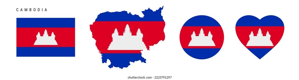 Cambodia flag icon set. Cambodian pennant in official colors and proportions. Rectangular, map-shaped, circle and heart-shaped. Flat vector illustration isolated on white.