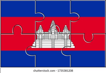 Cambodia Flag Jigsaw Puzzle. Vector illustration. 6 pieces of puzzles. Simple puzzles for kids.
