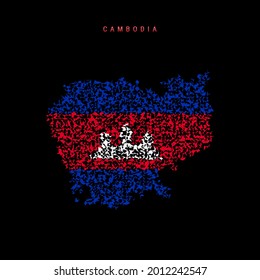 Cambodia flag map, chaotic particles pattern in the colors of the Cambodian flag. Vector illustration isolated on black background.