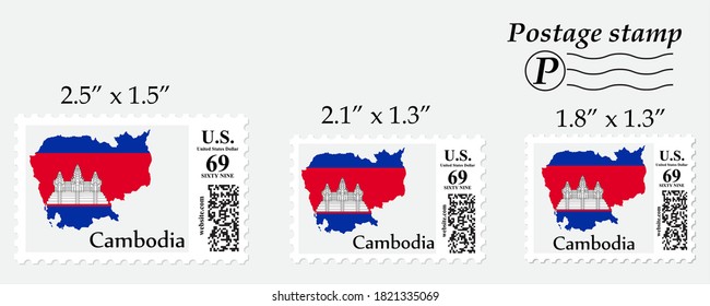 Cambodia flag map on postage stamp different size.