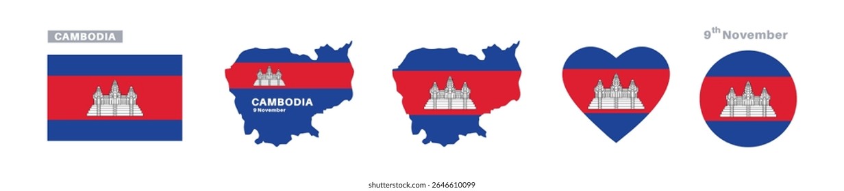 cambodia flag and map set. cambodia flag in official colors and proportions. independence day 9 november, map, circle and heart shaped cambodia	