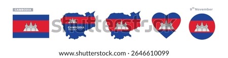 cambodia flag and map set. cambodia flag in official colors and proportions. independence day 9 november, map, circle and heart shaped cambodia	