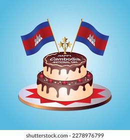 Cambodia Flag National Day with a Cake on a Blue Background
