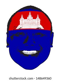 A Cambodia flag on a face, isolated against white. 
