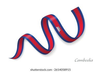 Cambodia flag ribbon waving national colors, symbolizing pride, unity and national identity