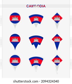 Cambodia flag, set of location pin icons of Cambodia flag. Vector illustration of national symbols.