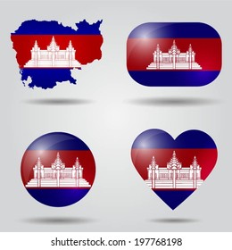 Cambodia flag set in map, oval, circular and heart shape.