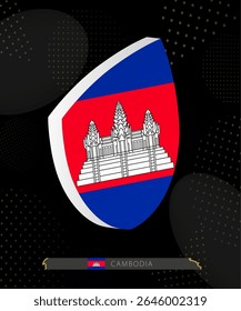 Cambodia Flag Shield icon in 3D on Dark Modern Abstract Rugby Background. Perfect for sports events, heritage themes, national celebrations, and patriotic designs.