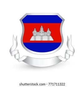 Cambodia flag in shield and ribbon. Vector illustration.