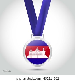 Cambodia Flag in Silver Medal. Vector Illustration. RIO Olympic Game silver Medal. Vector Illustration