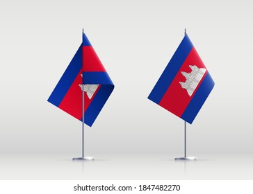 Cambodia flag state symbol isolated on background national banner. Greeting card for National Independence Day of the Kingdom of Cambodia. Illustration banner with realistic state flag.