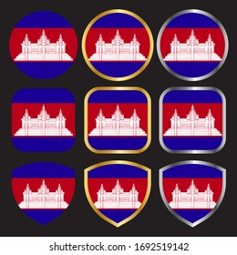 cambodia flag vector icon set with gold and silver border