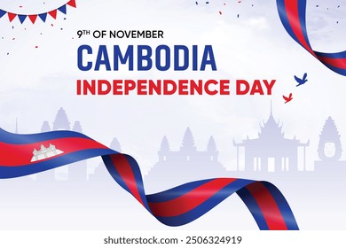 Cambodia Flag Waving On Skyline Background. Independence Day Concept Design Vector Illustration.