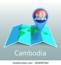 Cambodia flag world map in pin with name of country