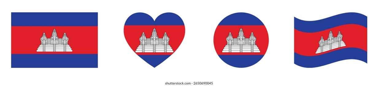 Cambodia flags set in square, heart, circle and waving formats designs element. Cambodia flags collection. Set of Cambodian flags icons isolated on white background. Vector illustration.