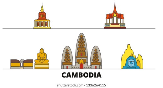 Cambodia flat landmarks vector illustration. Cambodia line city with famous travel sights, skyline, design. 