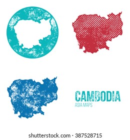 Cambodia Grunge Retro Maps - Asia - Three silhouettes Cambodia maps with different unique letterpress vector textures - Infographic and geography resource