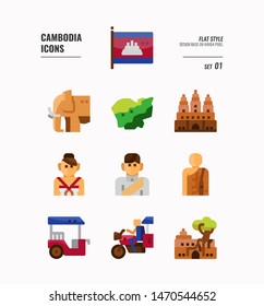 Cambodia icon set 1. Include flag, landmark, people, culture and more. Flat icons Design. vector illustration