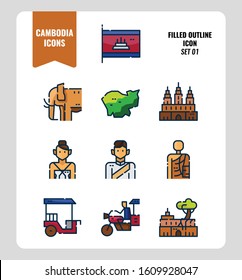 Cambodia icon set. Include flag, landmark, people, culture and more. Filled Outline icons Design. vector illustration