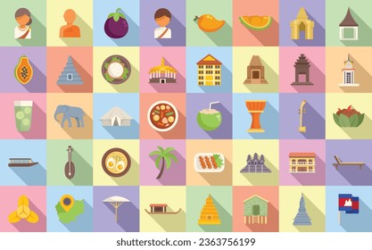 Cambodia icons set flat vector. Asia map. Travel landmark