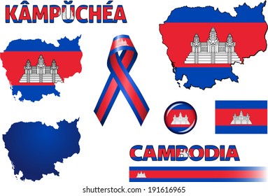 Cambodia Icons. Set of vector graphic icons and symbols representing Cambodia. The text says 'Cambodia' in the Khmer language. 