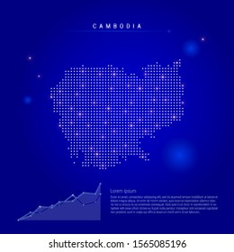 Cambodia illuminated map with glowing dots. Infographics elements. Dark blue space background. Vector illustration. Growing chart, lorem ipsum text.