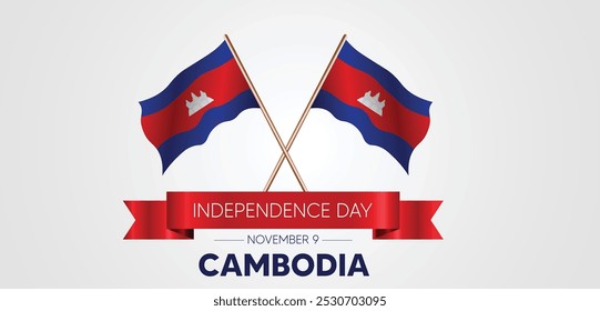 Camboja Dia da Independência 9 de novembro agitando cartaz vetor bandeira