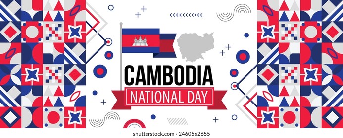 Cambodia independence day, banner design for cambodia national day. banner with cambodian flag colors theme background and geometric abstract