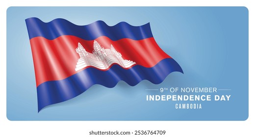 Cambodia independence day vector banner, greeting card. Cambodian wavy flag in 9th of November patriotic holiday horizontal design with realistic flag