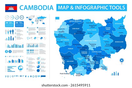 Cambodia Infographic Map with Data Visualization Elements - Vector Map of Cambodia