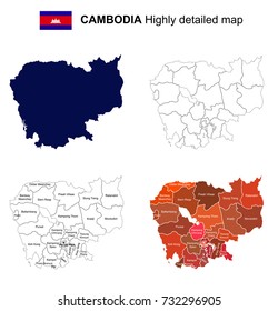 Cambodia - Isolated vector highly detailed political map with regions, provinces and capital. All elements are separated in editable layers.