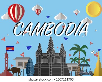 Cambodia khmer country city skyline with flag, craft vector illustration. Colorful art, travel place theme cityscape, landscape, beautiful tourism background cards, poster. Asian architecture, culture